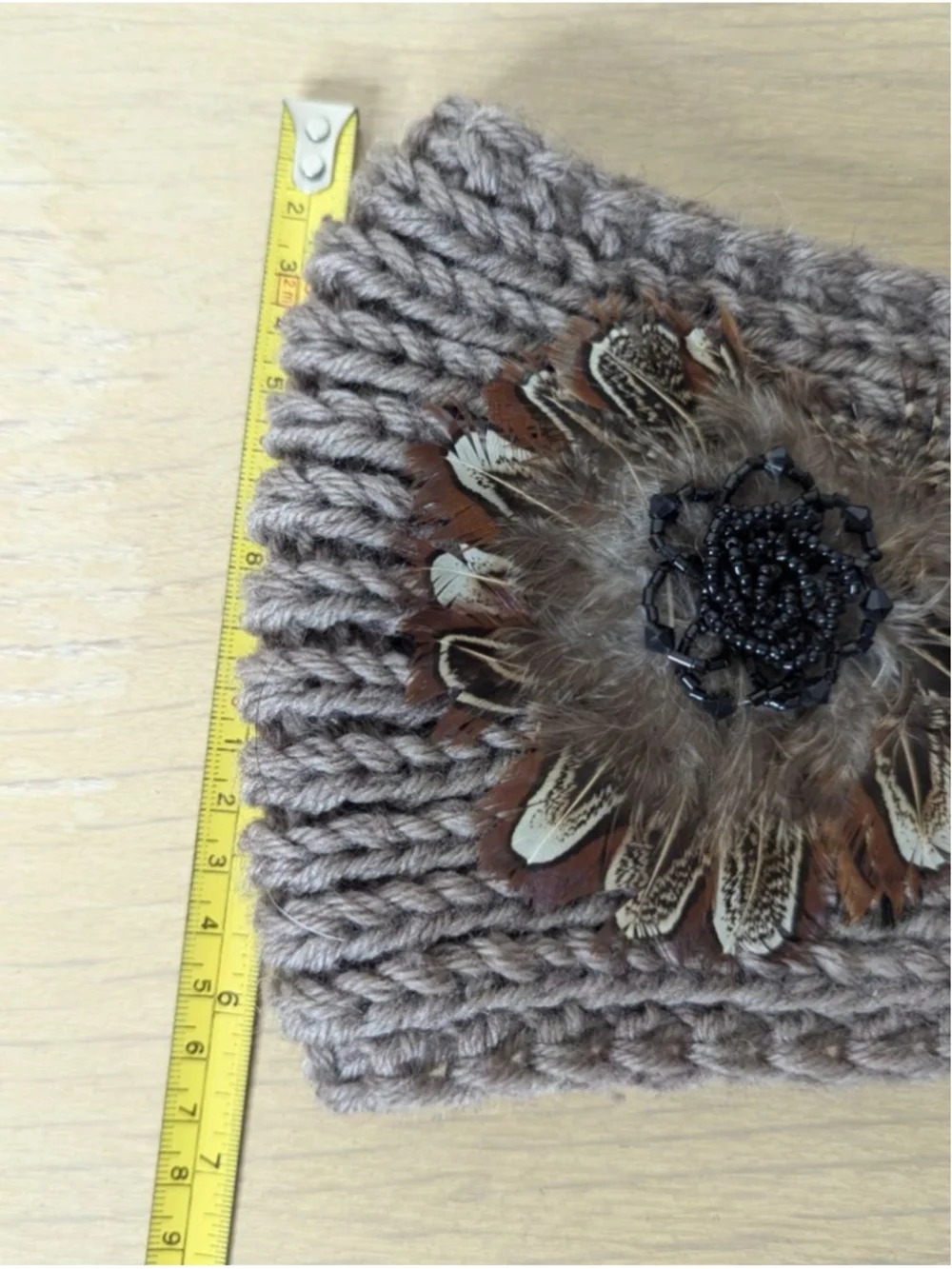 Women's Unbranded Brown Knit Headband with Feather & Bead Detail, One Size